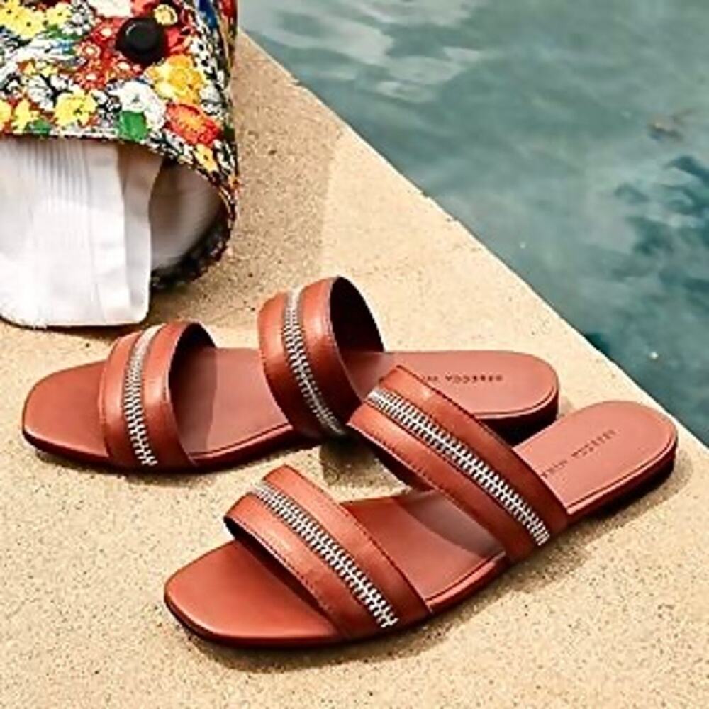 Rebecca Minkoff Leather Marciann Zipper Slip On Wide Strap Sandals Brown Size 7 - Picture 2 of 5